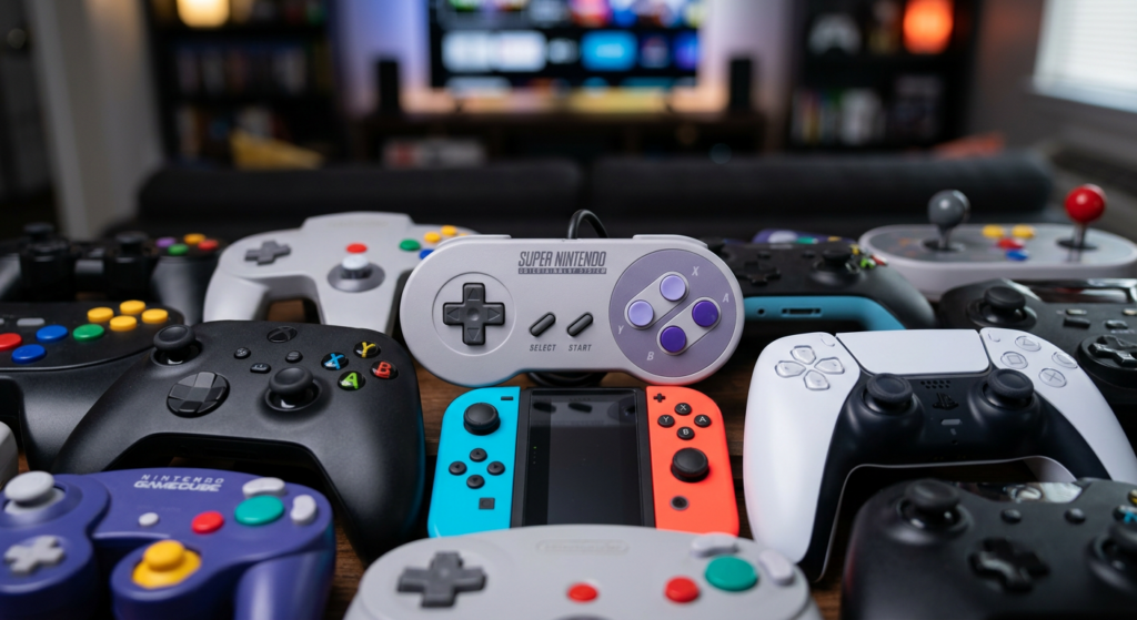 Various video game controllers on a wooden table in front of a TV and gaming room setup