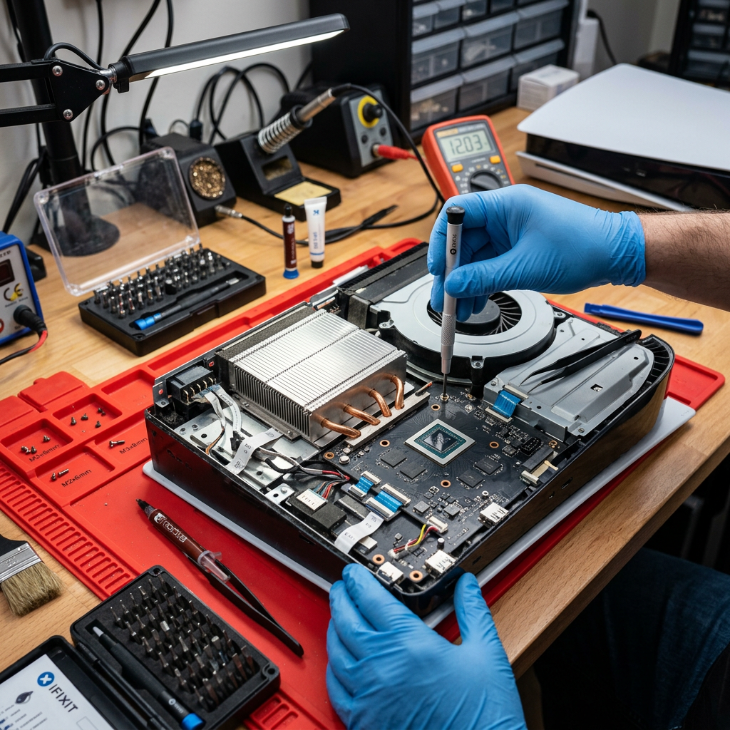 Hands in blue gloves using a screwdriver on an open electronic device motherboard